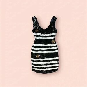 Vintage cache black and white sequins mini dress sleeveless size small